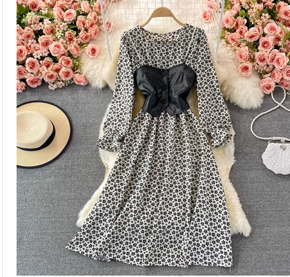 Autumn 2023 New Gentle Style Floral Dress PU Leather Vest Sling Western Style Age-Reducing Two-piece Set