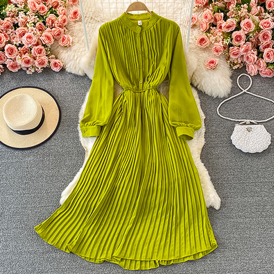 Autumn Korean chic light and mature temperament stand-up collar waist slimming pleated chiffon dress elegant temperament big swing long skirt