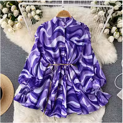 Spring and autumn European and American fashion tie-dye printing loose shirt women's niche design sense temperament stand-up collar lantern sleeve top