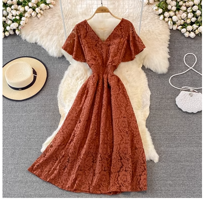 Summer fashion high-end light luxury mid-length V-neck cross high waist slim lotus leaf sleeves big swing lace dress for women