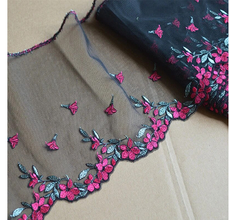 2Yds/Lot 19cm Wide Black Fuscia Sliver Mixed Floral Embroidery High Quality Lace Trim For Garments Wedding Undergarment 210424