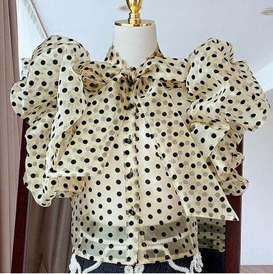 Fashion pleated three-dimensional lotus leaf sleeve ribbon bow single-breasted organza see-through short polka-dot western style shirt