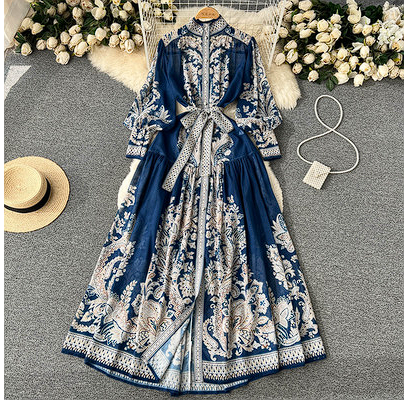 Spring and autumn court style retro high-quality printed chiffon dress female waist slimming single-breasted lady dress