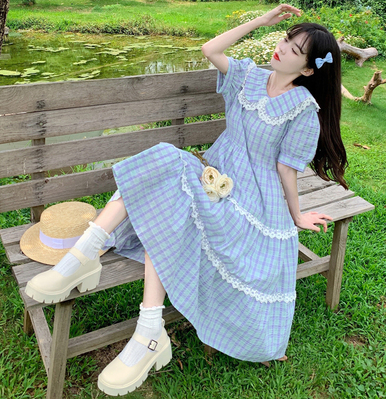 Plus-size women's clothing 2023 trendy women's summer new fat sister waist slimming all-match age-reducing doll collar plaid dress