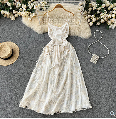 Seaside holiday dress small suspender dress summer women's French tie waist sweet and spicy long skirt