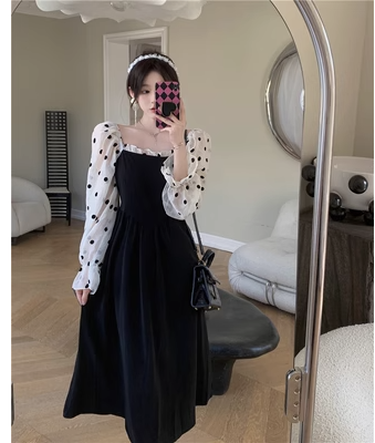 Large size French retro one-word collar splicing mesh long-sleeved dress 2023 autumn new sweet long skirt women