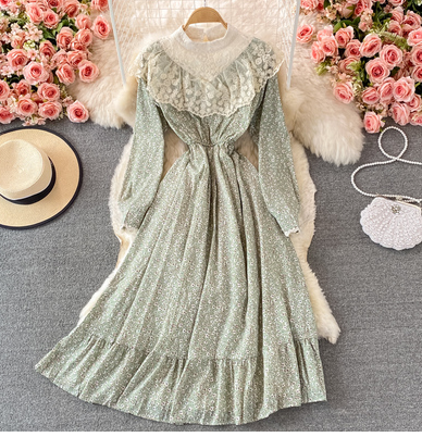 2021 autumn new French style gentle wind stand collar lace splicing floral dress with waist slimming and large swing long skirt