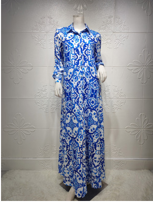 New Muslim Women's Lapel Printed Long Sleeve Dress with Belt