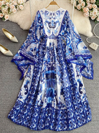 New Summer Bohemian Blue And White Porcelain Print Chiffon Dress Women Clothing O Neck Flare Sleeve Large Swing Maxi Vestidos