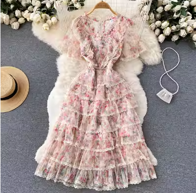 Small French sweet short-sleeved dress summer women's dress slim waist and beautiful floral cake princess dress