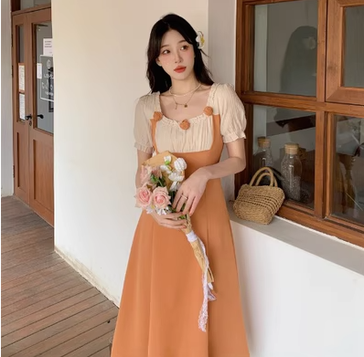 Large size French square collar dress female summer fat MM gentle wind tea break platycodon skirt waist slimming A-line long skirt