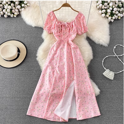 French stem orange dress blue floral summer puff sleeves tie-up sexy dress women's tea break slit long skirt