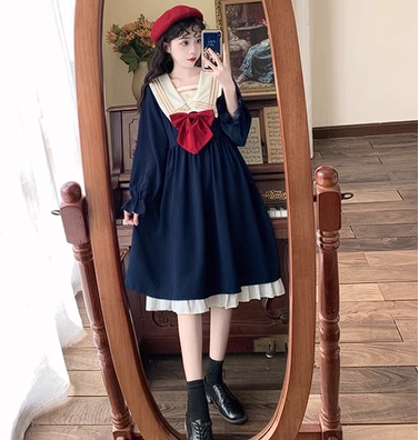 Japanese navy collar loli girl jk skirt female autumn new large size cute age-reducing long-sleeved Lolita dress