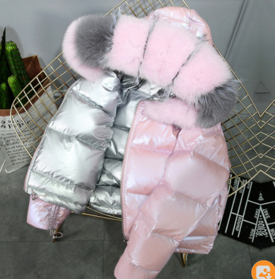 Winter Big Fur Collar Double-sided Wear Net Red Shiny Silver  Jacket Female Fox Fur Down Jacket