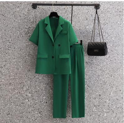 Plus-size women's clothing 2023 fat sister summer new small suit jacket elastic waist loose cropped pants two-piece suit