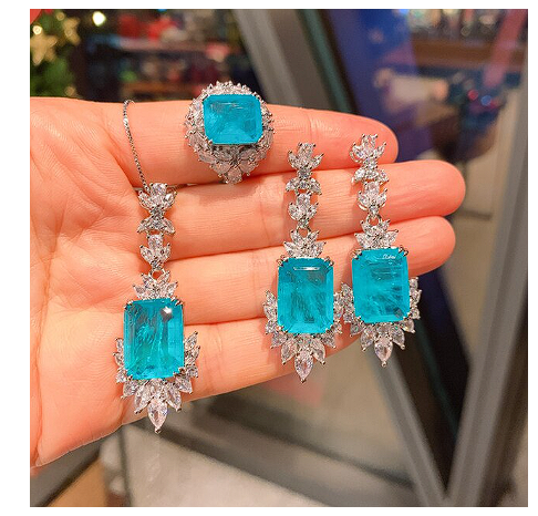 2022 New Arrival Paraiba Tourmaline Necklace Pendant Ring Earrings High Carbon Diamond Women's Luxury Wedding Party Fine Jewelry