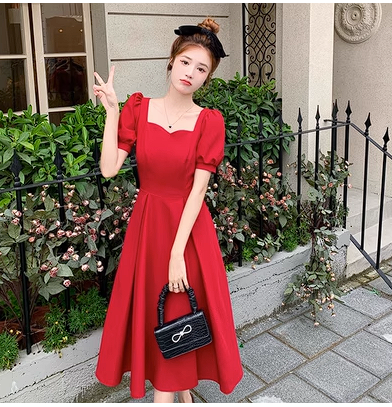 Plus size women's fat MM red dress summer new short-sleeved bow tie square collar high-quality French dress