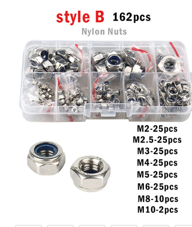 265/162pcs M2 M2.5 M3 M3.5 M4 M5 M6 M8 M10 M12 304 Stainless Steel Black Nylock Nut Locknut Hex Nylon Insert Self Lock Nut Set