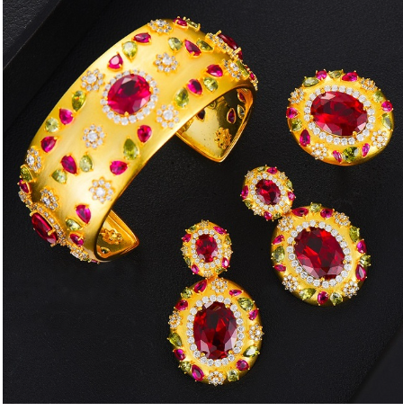 missvikki BOHO New 3PC Open Bracelet Ring Earring Set For Women Bridal Wedding Shiny Cubic Zircon Dubai PARTY WEDDING Jewelry