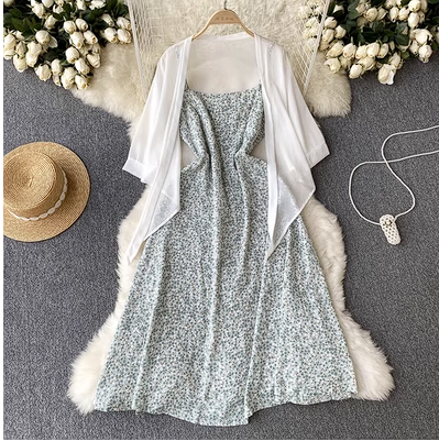 Mid-length shawl cardigan + chiffon floral suspender dress female French sweet first love gentle wind two-piece set