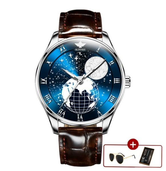 2021 Pilot Mechanical Men's Moon Phase Mechanical Watch OUPINKE Luxury Waterproof Leather Wristwatch Sapphire Watch Reloj Hombre