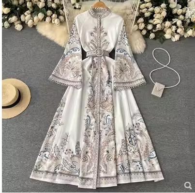 Spring new retro printing round neck trumpet sleeve dress women's single-breasted big swing irregular pleated long skirt