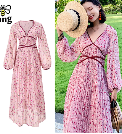 Tingfly Women Fashion Pink Floral Chiffon Midi Long Casual Dress Lady Vibrant Print Beach Stylish Holiday Vestidos Elbise Zaful