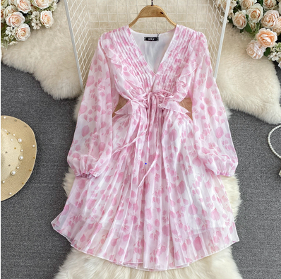 French tea break skirt autumn high-end temperament V-neck bubble long-sleeved waist slim floral A-line pleated dress