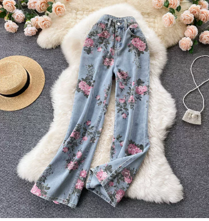 Sweet and spicy girl rose jeans women's summer design sense niche high waist drape wide leg pants straight long pants