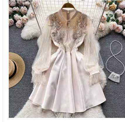 Spring and autumn court style design sense heavy industry beading high waist slim stitching mesh dress female fairy tutu skirt