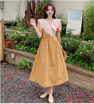 Large size Korean version of the lotus leaf edge V-neck one-piece dress female 2023 summer new fat mm simple and thin long skirt