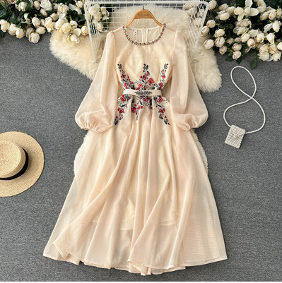 Heavy industry embroidery mesh beaded long-sleeved dress women's autumn new high-end sense of celebrity wind fairy dress long skirt