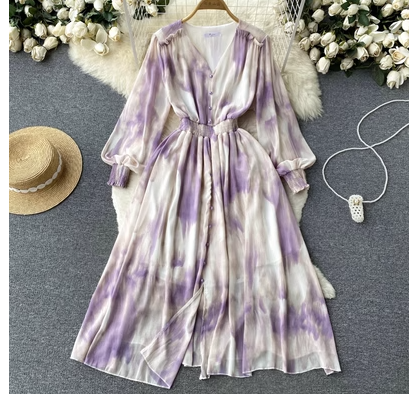 Cold wind slim waist dress summer women's French style chic stunning smudged temperament long-sleeved mid-length skirt