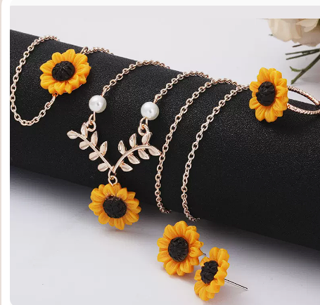 EBAY Sunflower Leaves Flower Pendant Clavicle Chain Necklace Earrings Set New Branches Three-piece Set