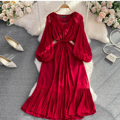 Seaside holiday V-neck lantern long-sleeved waist slimming A-line ruffled dress elegant temperament big swing long skirt