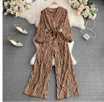 Autumn 2023 Korean fashion V-neck long-sleeved jumpsuit high waist slim plaid straight wide leg pants jumpsuit