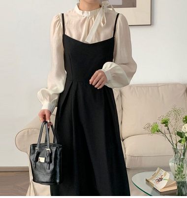 Korean chic retro stand-up collar tie bow long-sleeved shirt + waist slimming open back suspender dress female