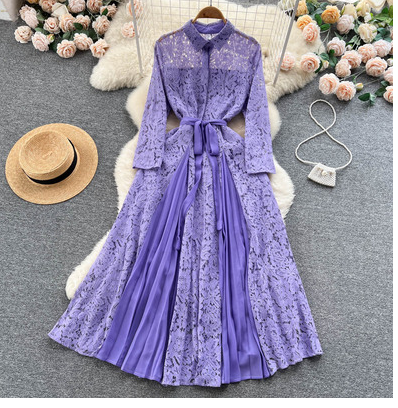 Spring and Autumn Celebrity Temperament Lapel High Waist Slim Swing Long Skirt Female Waist Tie Belt Hollow Advanced Sense Dress