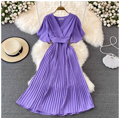 2023 summer new V-neck short-sleeved dress over-the-knee self-cultivation temperament waist waist tie big swing pleated dress