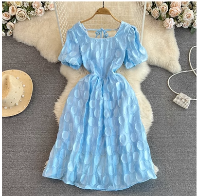 2023 Summer Gentle and Lady-like Bubble Short-sleeved Square Neck Waist Slim Mid-length A-Line Puffy Dress