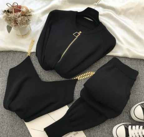 2021 spring new product Han Fan ins sweet temperament chain vest knitted jacket + three-piece elastic pants with small feet