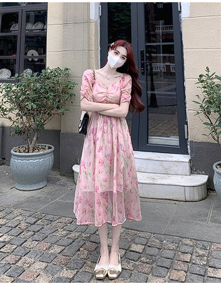 Gentle wind blooming printing design dress women's spring and summer 2023 new sweet wind puff sleeve mid-length skirt