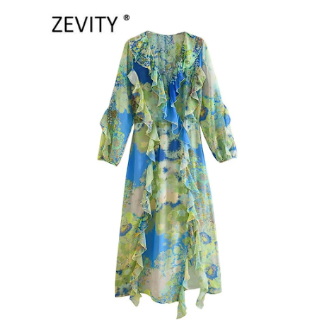 Zevity New Women Elegant Patchwork Floral Print Cascading Ruffles Chiffon Midi Dress Female Chic V Neck Party Vestidos DS3771