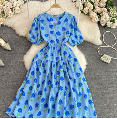 Gaganight Women V neck Puff Sleeves Waist A line Large Swing Floral Dress 2022 Summer Korean Version Gentle Elegant Long Dresses