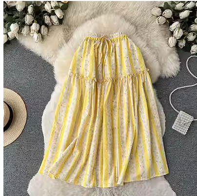 Korean chic2023 spring and summer new elastic waist wood ear stitching floral mid-length holiday skirt women