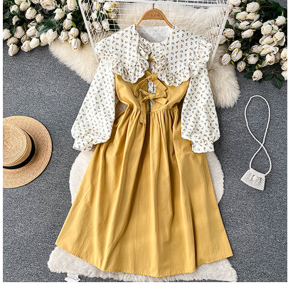 Spring fresh and gentle wind suit female doll collar long-sleeved floral shirt + sleeveless vest dress two-piece set