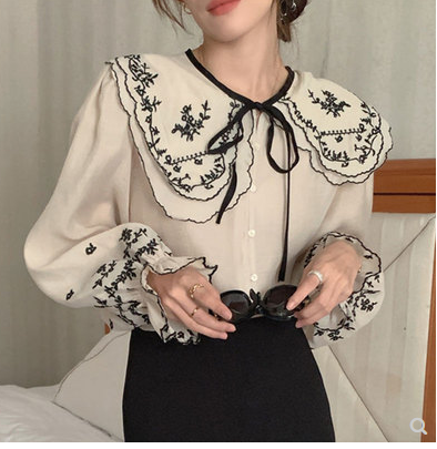 Korean chic autumn French retro embroidery double-layer large lapel single-breasted button loose trumpet sleeve shirt top women