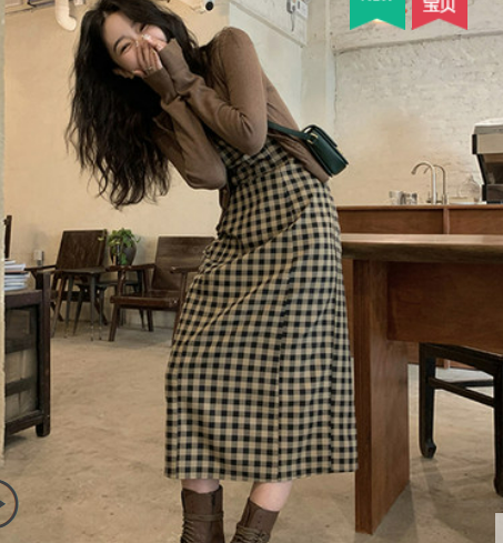 Early autumn new high-end French long-sleeved chic plaid dress fashion two-piece suit women's Korean style