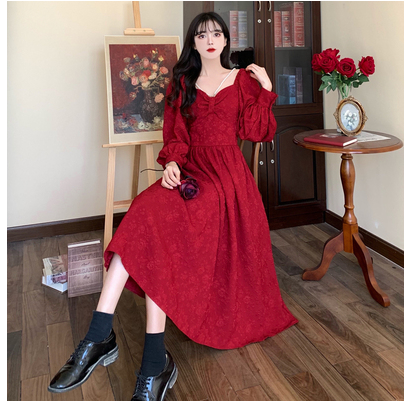 Fat sister large size square collar red dress dress female autumn and winter new waist slimming French high-end skirt