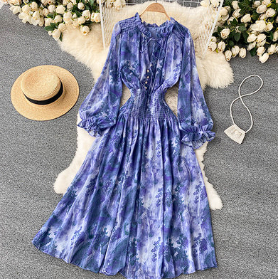 Celebrities' high-end women's clothing elegant printed French dress slim waist puff sleeves super fairy big swing long skirt